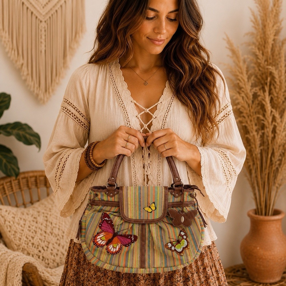 Oilily Y2K Butterfly Embroidered Rainbow Stripe Boho Shoulder Bag Purse, Boho
